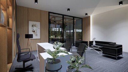 Interior Empty Modern Loft Office open space modern office.Modern open concept Lobby and reception area meeting room design.3d Rendering .