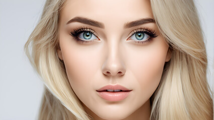 Fototapeta premium a woman with blonde hair and blue eyes and a blue eye.