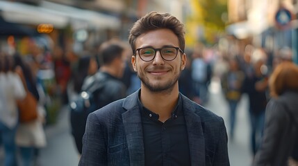 Fototapeta premium A handsome businessman with glasses and short hair is standing in the middle of an outdoor crowd, smiling at the camera.