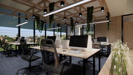 Interior Empty Modern Loft Office open space modern office.Modern open concept Lobby and reception area meeting room design.3d Rendering .