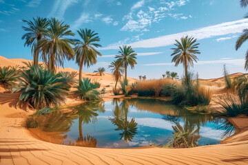 Obraz premium Serene Desert Oasis with Palm Trees and Reflection in Water Amidst Sandy Dunes under Blue Sky