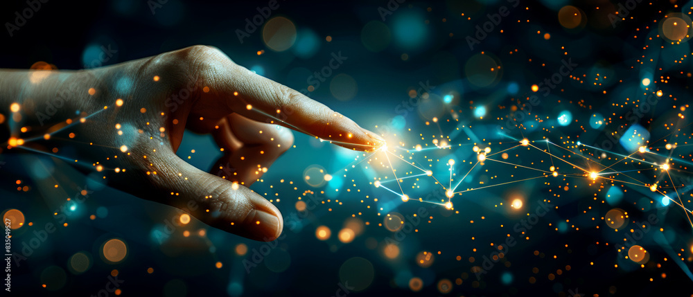 Aufkleber a human finger touching a network of glowing digital connections on a dark background, illustrating 