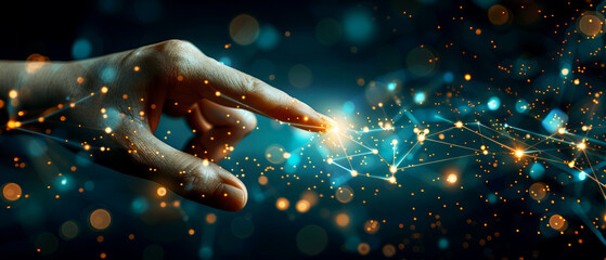 A human finger touching a network of glowing digital connections on a dark background, illustrating the concept of connectivity. Generative AI