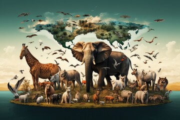 a group of animals standing on top of a grass covered island, A collage featuring iconic wildlife from each continent to mark World Wildlife Day