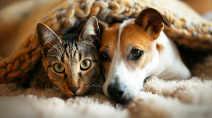 Cozy Companions: a cat and a dog snuggled together under a blanket. Generative AI