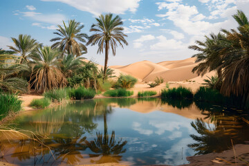 Serene Desert Oasis with Palm Trees and Reflective Water Amidst Sand Dunes under a Clear Blue Sky
