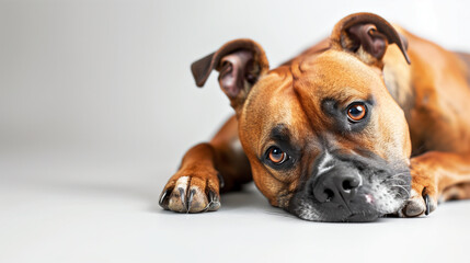 Obraz premium Banner with sad dog lying on the floor with a wistful expression. Generative AI