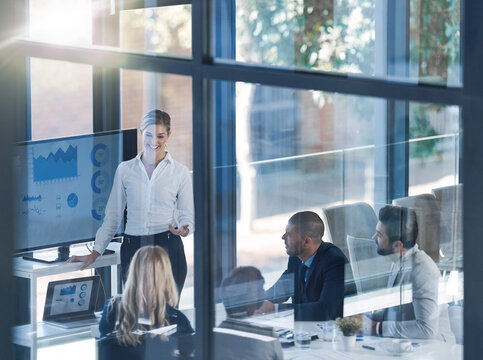 Business meeting, people and financial advisor for budget review with charts, statistics and fintech. Speaker, teamwork and accounting with technology for graphs, results and company audit in office