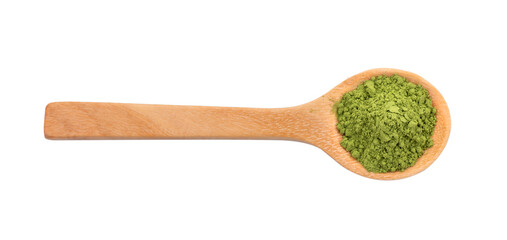 matcha green tea powder in wood spoon on transparent png