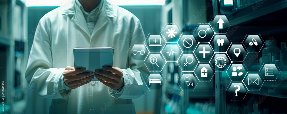 Poster scientist using a tablet with medical icons floating, in a lab background, concept of modern technol