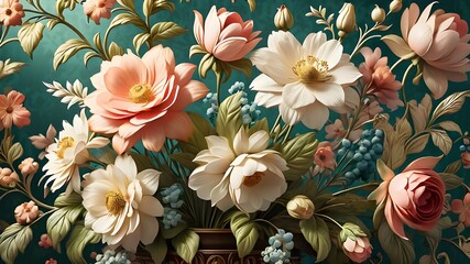 Fototapeta premium beautiful fantasy vintage wallpaper botanical flower bunch,vintage motif for floral print digital background.