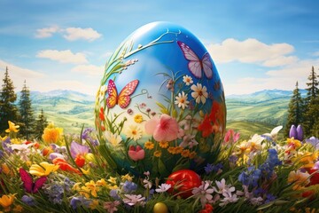 a blue egg with flowers and butterflies on it, A large, colorful Easter egg sitting in a patch of...