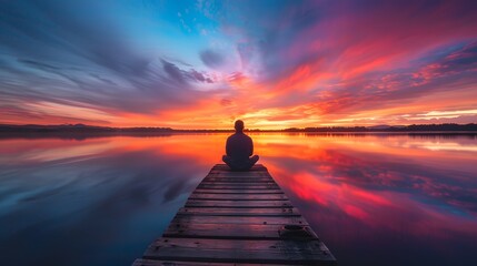 A man sitting on the end of an old wooden dock, facing away from camera with his back to sunset reflecting in lake behind him.