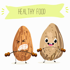 Cute almonds nut characters, funny nuts, with different activities, outdoor, sports,musical instrument. Organic food, healthy food, illustrations for kids menu.