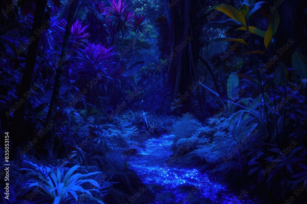 Poster a stream in the middle of a forest with blue lights, a mesmerizing bioluminescent jungle at midnight