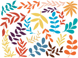 Bright leaves and twigs botanical set. Collection of colorful colored foliage and herbs. Natural isolated design elements, vector graphics
