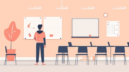 An illustration in 2D flat style showing a school teacher standing at the front of the classroom, ready to start a lesson. The minimalist design highlights the role of the teacher in guiding and