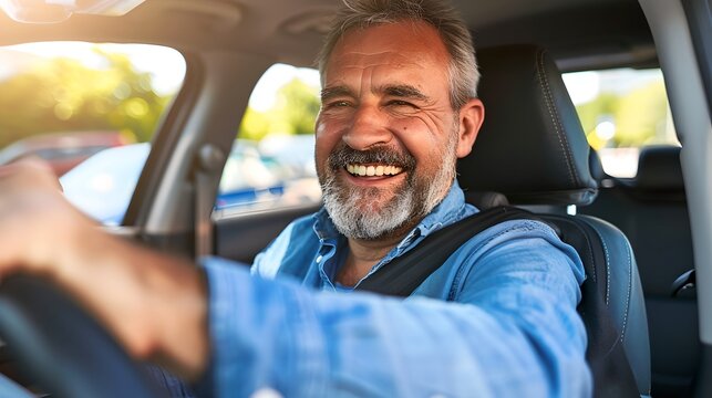Happy senior man driving a car on a sunny day. Candid lifestyle photo. Ideal for automotive, travel, and senior lifestyle themes. Relaxed and vibrant atmosphere. AI