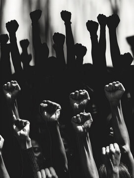 Black and white image of numerous raised fists in solidarity, representing a powerful protest, revolution, or riot