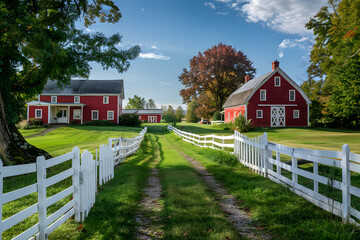 Charming Red Farmhouse Exteriors with White Fences, Scenic Landscape and Blue Sky, Perfect for Rural and Real Estate Projects