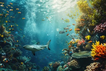 Fototapeta premium a person is swimming in a large aquarium, An underwater scene with diverse aquatic species celebrating World Water Day