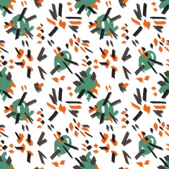 Seamless abstract textured pattern. Black, orange, green, brown, white. Circles, rings, lines. Digital brush strokes. Design for textile fabrics, wrapping paper, background, wallpaper, cover.