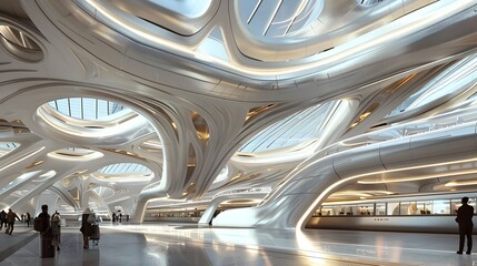 Fototapeta premium Futuristic Transportation Hub with Expansive Architectural Design and Flowing Interiors