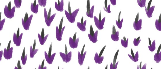 Seamless abstract botanical pattern. Purple plant, green leaves on white background. Digital brush strokes. Design for textile fabrics, wrapping paper, background, wallpaper, cover.