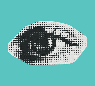 Halftone eye collage element, texture dotted pop art. Vector cutuot illustration. Sticker vintage comic trendy abstract element
