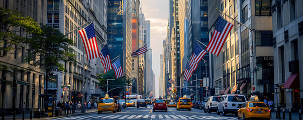 Obraz premium A vibrant city street with numerous American flags patriotic atmosphere for national pride