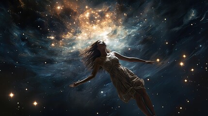 a woman floating in the air in front of a galaxy, A person floating in a sea of stars, surrounded by celestial bodies and nebulae