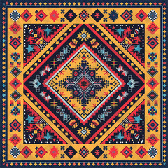 print design in the style of ethnic carpet patterns, Aztec art and African textile designs