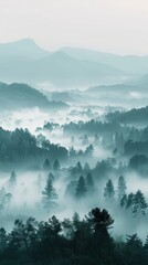 A minimalist landscape of a foggy field at dawn. The illustration focuses on the soft gradients of color as the fog gradually lifts, revealing hints of the landscape beneath. The simplicity of the