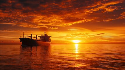 Fototapeta premium A large ship is sailing in the ocean at sunset