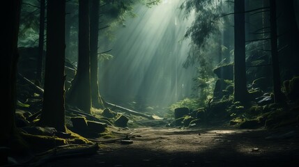 Fototapeta premium Enchanting forest landscape with dense trees, mystical fog
