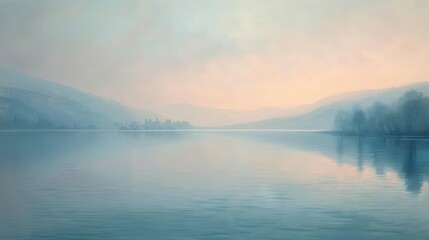 Obraz premium An artistic depiction of serene weather by a lakeside at dusk. The calm water and the soft pastel colors of the sky create a minimalist scene that conveys tranquility and relaxation, perfect for a