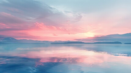 Obraz premium An artistic depiction of serene weather by a lakeside at dusk. The calm water and the soft pastel colors of the sky create a minimalist scene that conveys tranquility and relaxation, perfect for a