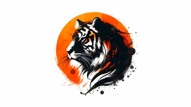 Orange and black paint brush strokes and patter for tiger in watercolor, on white background