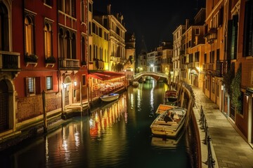 a canal with boats and lights on it, A romantic night view of the canal in Venice