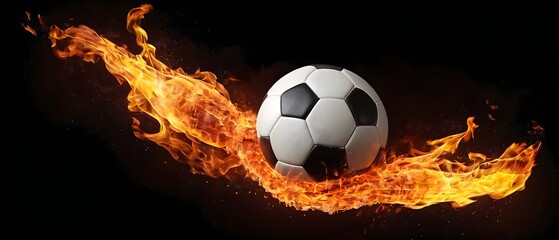 Fototapeta premium Soccer ball in fire isolated on a black background banner