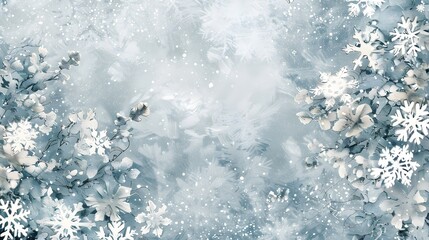 A soft grey background with delicate snowflakes falling, creating an atmosphere of serene winter magic for holiday cards or design projects.