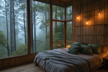 a bed with a white comforter and a window with lights, A serene bedroom with soft lighting and a cozy bed, surrounded by a peaceful forest