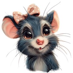 A cute little blue mouse with a pink bow on its head