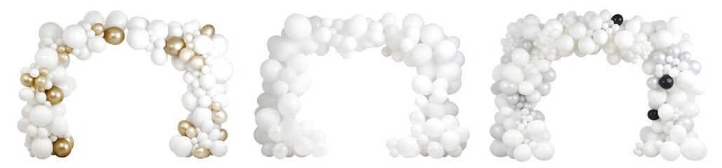 Set of classy clean silver white balloon party garland arch gate entrance on transparent cutout PNG file. Mockup template for artwork design