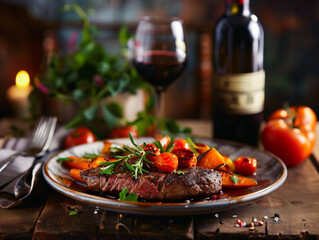 A plate of steak and grilled vegetables, with a bottle of red wine in the background