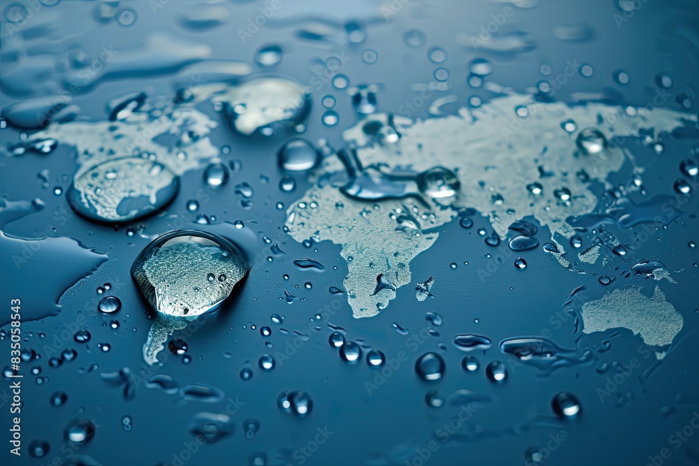Poster a close up of water droplets on a surface, a symbolic representation of a world map being nourished 