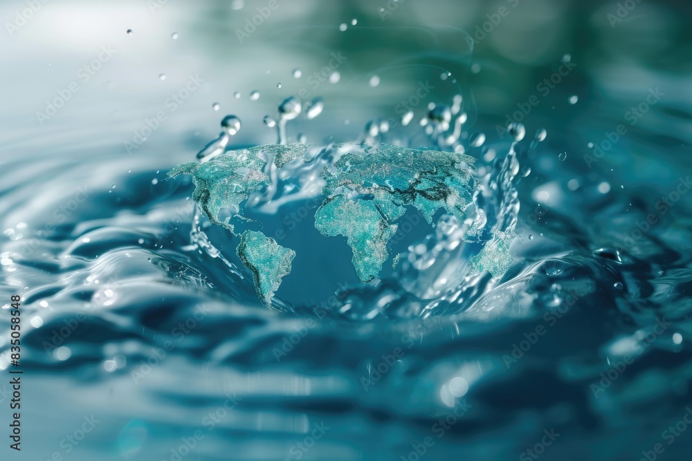 Poster a close up of water droplets on a surface, a symbolic representation of a world map being nourished 