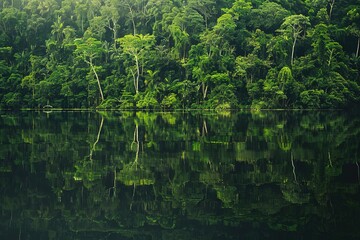 Fototapeta premium Tranquil mirror-like lake reflecting dense, green forest