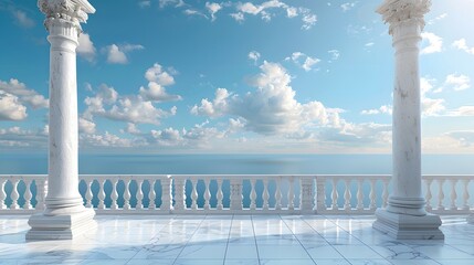A white marble balcony with pillars overlooking the ocean, blue sky and clouds.