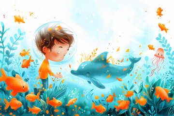 Flat design of a lovely boy with a large air bubble covers the head is playing with dolphin in the ocean